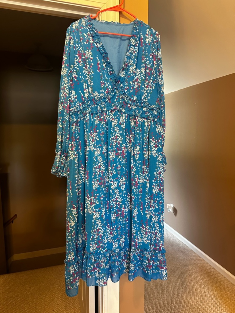 SHEIN Teal Floral Ruffle Midi Dress
